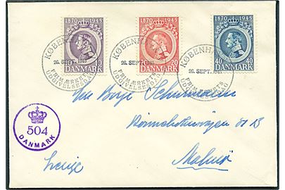 Komplet sæt Chr. X 75 år på FDC fra København d. 26.9.1945 til Malmö, Sverige. Passér stemplet (krone)/504/Danmark.