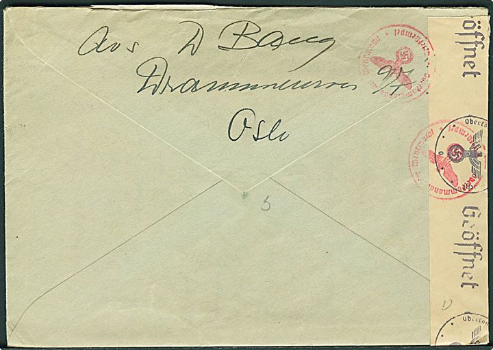 10 øre Løve (2) på brev fra Bestun d. 16.8.1943 til København, Danmark. Åbnet af tysk censur i Oslo.