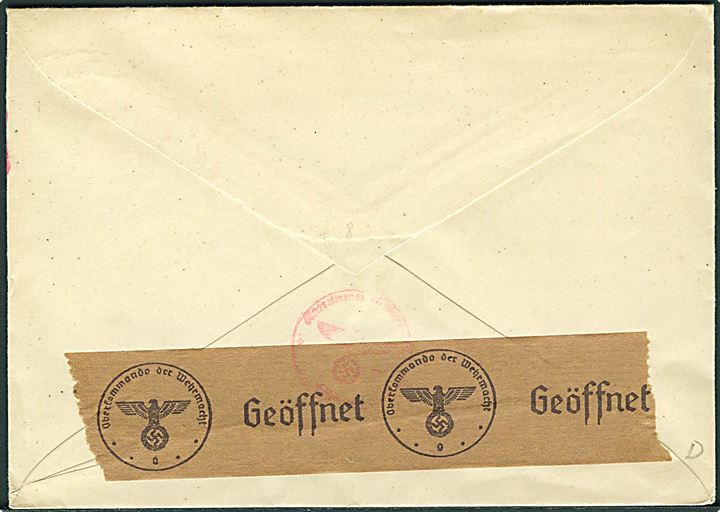 20 øre Løve på brev fra Oslo d. 3.12.1940 til København, Danmark. Åbnet af tysk censur i Oslo og passér stemplet ved censuren i København.