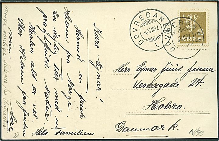 15 øre Løve på brevkort (Norges tekniske Høiskole, Trondhjem) annulleret med bureaustempel Dovrebanen L d. 6.7.1932 til Hobro, Danmark.