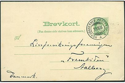 5 øre helsagsbrevkort fra Trondhjem annulleret med bureaustempel Nordlandsbanernes Posteksp. II A d. 15.8.1908 til Aalborg, Danmark.