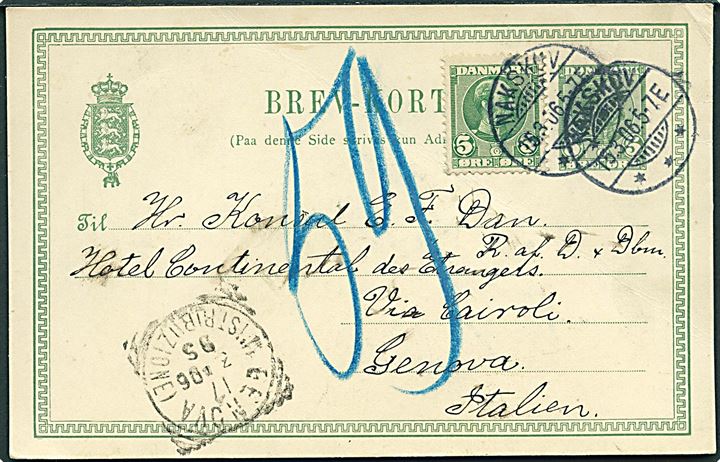 5 øre Chr. IX helsagsbrevkort opfrankeret med 5 øre Chr. IX fra Nakskov d. 15.3.1906 til Genova, Italien.