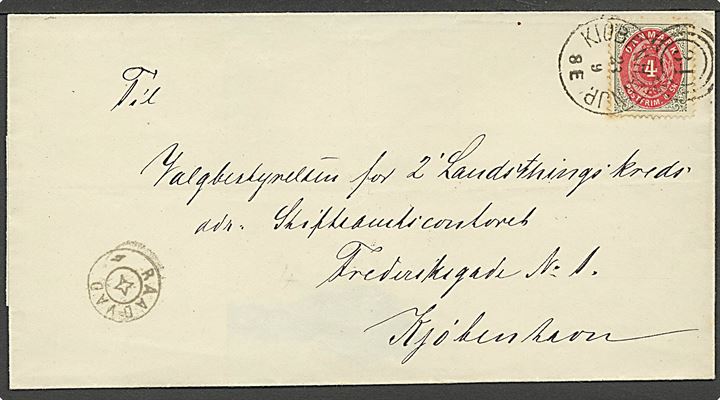 4 sk. Tofarvet 11. tryk pos. A28 på brev annulleret med kombineret nr.stempel “34”/Kiøbenhavn JP. d. 23.9.1874 og sidestemplet med stjernestempel RAADVAD til Kjøbenhavn. Meget sjældent stempel. 