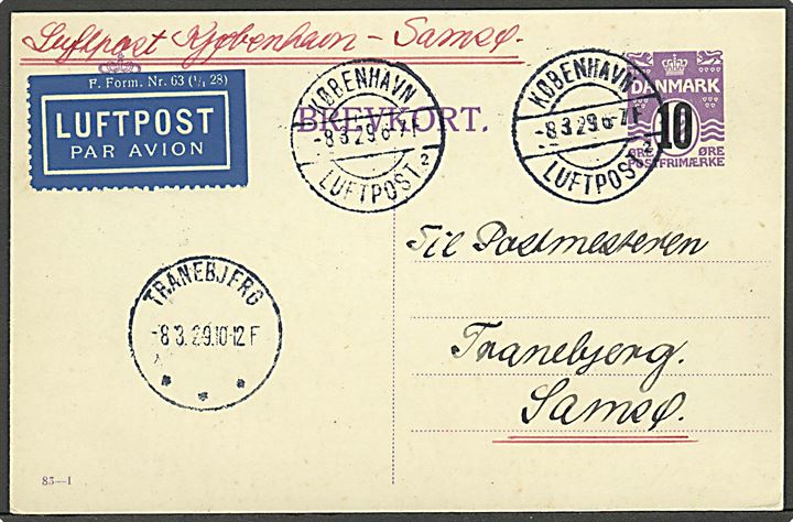 10/12 øre provisorisk enkeltbrevkort (fabr. 83-I) sendt som isluftpost og stemplet København Luftpost d. 8.3. 1929 til Transbjerg, Samsø. Ank.stemplet Tranebjerg d. 8.3.1929 og påskrevet: Luftpost København - Samsø.