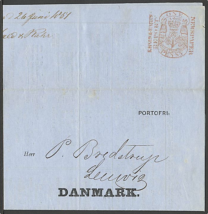 1851. Markedsberetning fra firma E. Hald & Rahr med 1d Newspaper stempel fra Manchester d. 26.6.1851 til Lemvig, Danmark. Fortrykt “Portofrit”. 