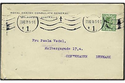 5 øre grøn Chr. X på ambasadebrev fra Melbourne, Australien til København d. 23.10.1918.