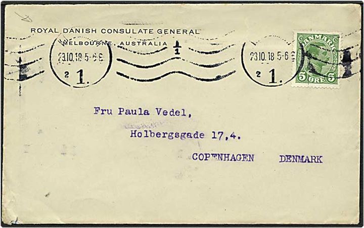 5 øre grøn Chr. X på ambasadebrev fra Melbourne, Australien til København d. 23.10.1918.