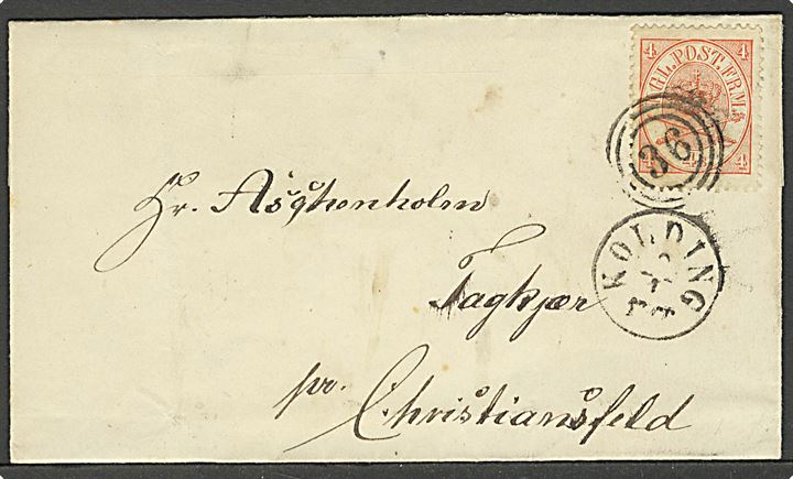 4 sk. Krone/Scepter på tidl. grænseportobrev annulleret med nr.stempel “36” og sidestemplet antiqua Kolding d. 8.1. (ca. 1866) til Tagkjær pr. Christiansfeld i Slesvig. 