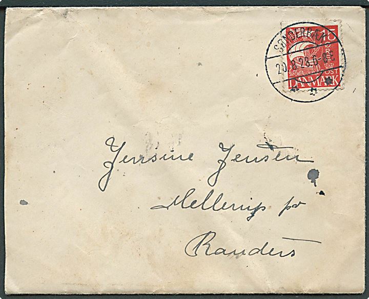 15 øre Karavel på brev annulleret med sjældent brotype IIb stempel Sønderbæk d. 20.8.1928 til Mellerup pr. Randers. 1½ år tidligere end registreret af Vagn Jensen.
