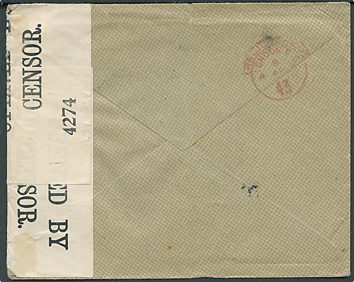 3 aur (5) og 10 aur (2) To Konger på 25 aur frankeret anbefalet brev fra Reykjavik d. 12.3.1916 via London til Birmingham, England. Åbnet af britisk censur no. 4274.