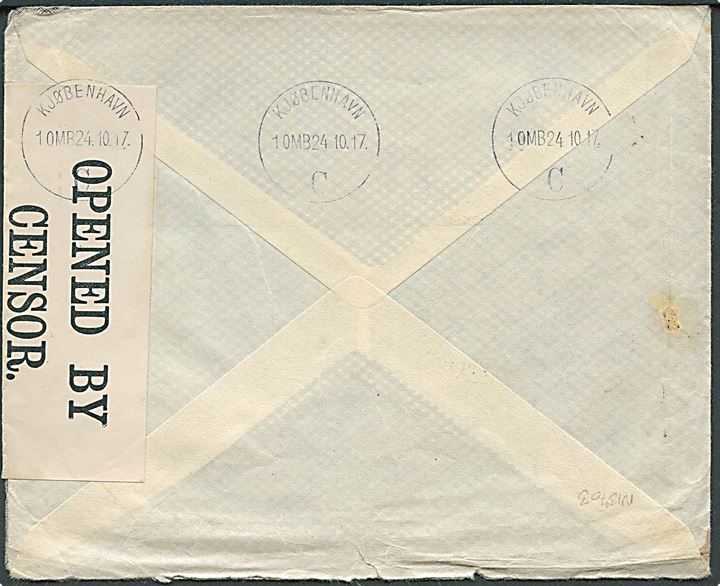 10 øre Chr. X på brev fra Sandevaag stemplet Thorshavn d. 1.9.1917 til København. Åbnet af britisk censur med banderole Opened by Censor No. 4947. På bagsiden ankomst stemplet Kjøbenhavn d. 24.10.1917.