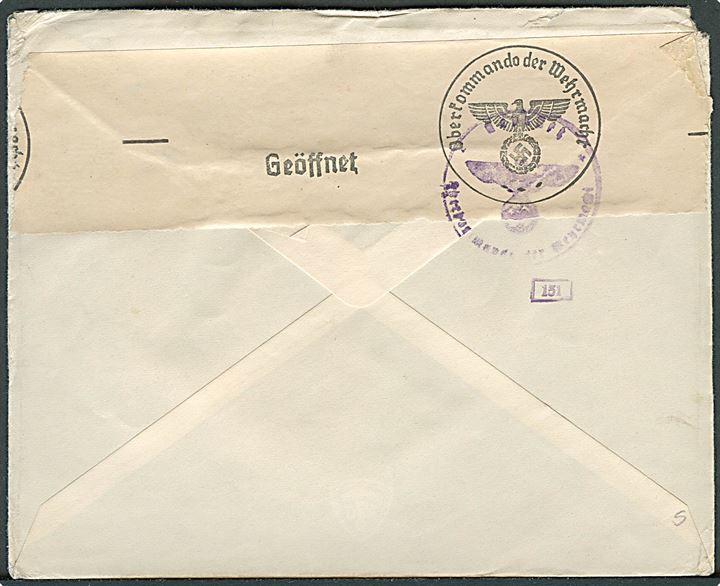 15 øre Chr. X single på brev stemplet Angmagssalik d. 20.9.1939 til Hillerød, Danmark. Åbnet af tysk censur.