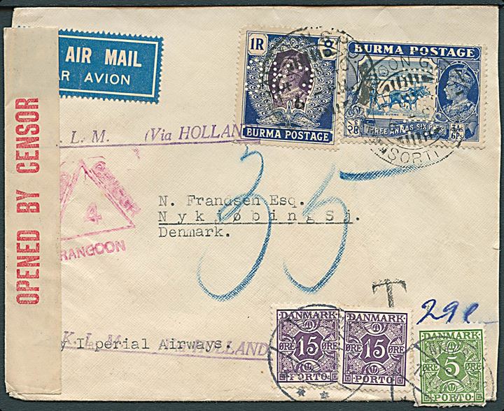 Burma 1 R. og 3 As. 6 Ps. m. perfin E.A.C. (East Asiatic Company) på underfrankeret luftpostbrev fra Rangoon d. 4.1.1940 til Nykøbing S., Danmark. Violet: Per K.L.M. (via Holland). Rangoon censur. Udtakseret i 35 øre dansk porto stemplet Nykøbing S. d. 15.1.1940.