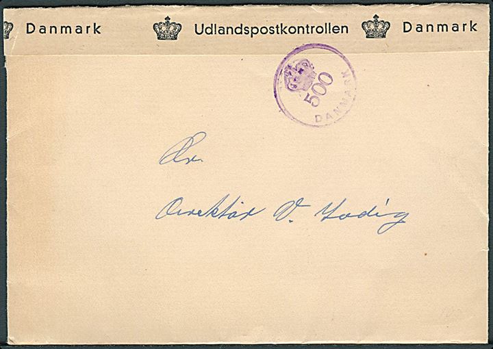 Ufrankeret brev med indhold dateret d. 30.6.1945 til Malmö, Sverige. Kuvert formodentlig indlagt i en pakke og åbnet af dansk efterkrigscensur (krone)/500/Danmark. Det var ikke tilladt at sende meddelelser i pakker.