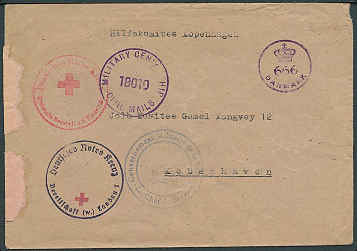 Ufrankeret brev fra tysk Røde Kors sendt via fransk kurérpost i Saar til København, Danmark ca. 1945-46. Både allieret censur fra Tyskland og dansk efterkrigs-censur (krone)/666/Danmark. Usædvanlig forsendelse.