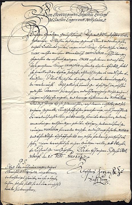 1647. Royalt brev med indhold fra Hertug August af Sachsen-Lauenburg fra 30-års krigen dateret Ratzeburg slot d. 15.2.1647 til Grev Balthasar von Moltke. Papir-segl på bagsiden. Tidligt brev fra Lauenburg.