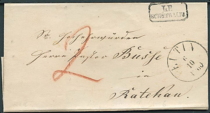 1860. Portobrev med rammestempel “L.P. Schönwalde” og sidestempel Eutin d. 6.10.1860 til Ratehau. Påskrevet “2” med rødkridt. Vanskeligt stempel.
