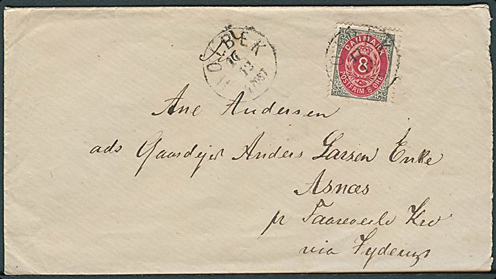 Kro-post. 8 øre Tofarvet på brev fra Holbek d. 17.12. ca. 1880 til Asnæs pr. Faareveile Kro via Jyderup. 
