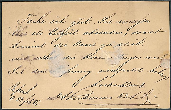 10 øre helsagsbrevkort opfrankeret med 8 øre Tofarvet (2) og sendt som 26 øre frankeret anbefalet brevkort med lapidar Kiøbenhavn G. d. 26.2.1885 til Neudamm, Tyskland. Lidt rust.