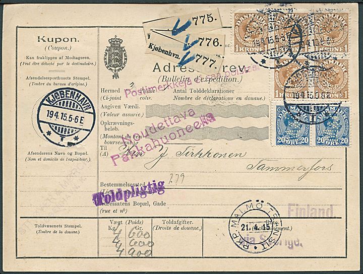 20 øre (2) og 1 kr. (5) Chr. X med perfin S.& M. på internationalt adressekort for 3 pakker fra firma Strøyer & Mørck i Kjøbenhavn d. 19.4.1915 via PKP. Malmö Transit til Tammerfors, Finland. 