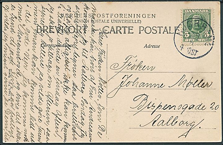 5 ører Fr. VIII på brevkort annulleret m. lapidar stempel Hjørring d. 30.8.(1907) til Aalborg. Registreret anvendt som reservestempel d. 4.9.1907 jf. Skilling. Sjælden.