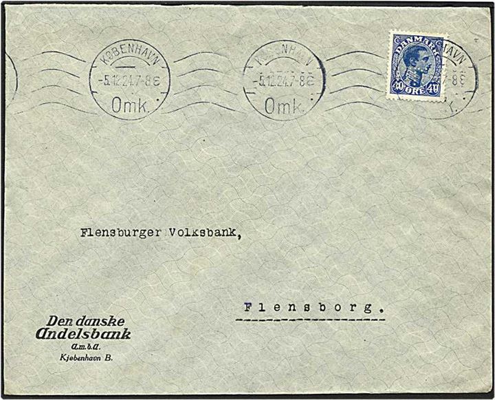40 øre blå Chr. X på brev fra København d. 5.12.1924 til Flensborg, Tyskland. Mærket med perfin D17 - Den danske Andelsbank.