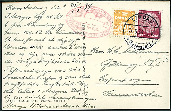 10 øre Bølgelinie og 15 pfg. Hindenburg på blandings-frankeret brevkort (LZ 127 “Graf Zeppelin”) annulleret med tysk stempel i Lindau d. 26.5.1934 og sidestemplet “Zur Erinnerung an den Besuch in der Zeppelin Luftschiffwerft” til København.
