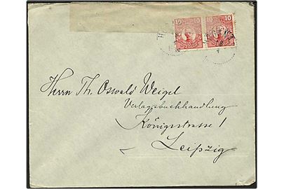 10 øre rød Gustav på brev fra Höganäs, Sverige d. 18.4.1918 til Leipzig, Tyskland. Tysk censur.