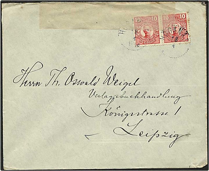10 øre rød Gustav på brev fra Höganäs, Sverige d. 18.4.1918 til Leipzig, Tyskland. Tysk censur.