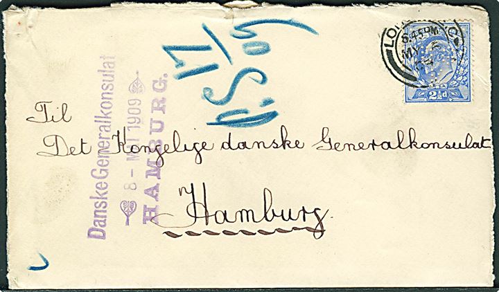 Engelsk 2½d Edward VII med perfin D.G.K. på fortrykt kuvert fra Consulate General Denmark i London d. 6.5. 1909 til danske generalkonsulat i Hamburg, “D.G.K” = Danske General Konsulat. Åbnet 3 sider.