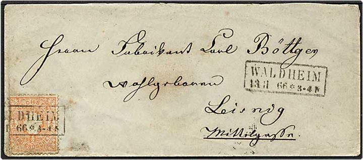 1 groschen orange på brev fra Waldheim, Sachsen, d. 13.11.1866 tol Leipzig.