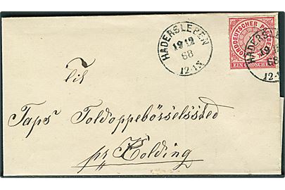 Norddeutscher Postbezirk 1 kr. stukken kant på lille GRÆNSEPORTO brev stemplet med enringsstempel Hadersleben d. 19.12.1868 til Taps Toldoppebörselssted pr. Kolding. 