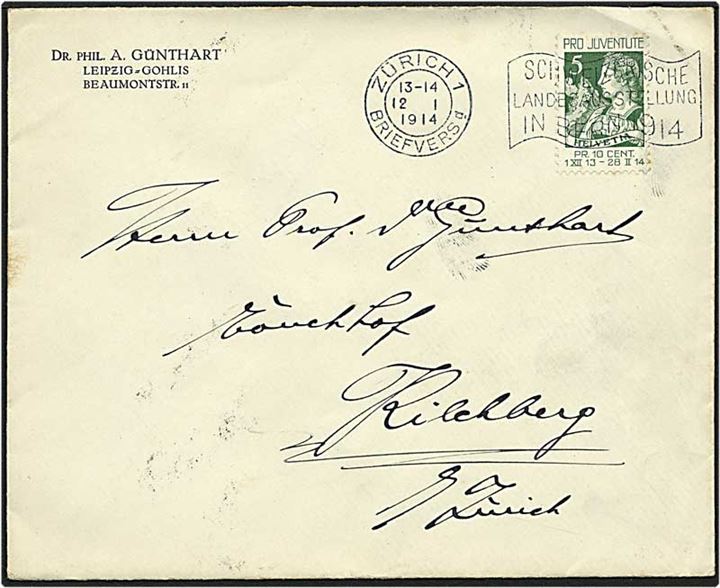 5 centimes grøn på brev fra Zürich, Schweiz, d. 12.1.1914 til Kilchberg.