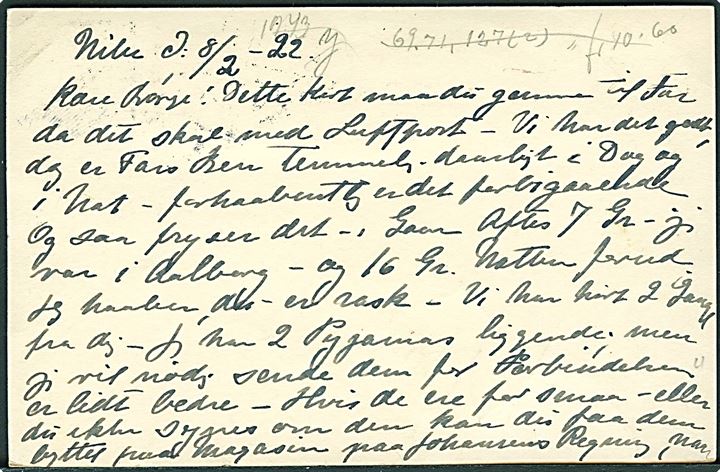 15 øre helsagsbrevkort (fabr. 64-H) opfrankeret med 1 øre, 3 øre Bølgelinie og 8/3 øre Provisorium i parstykke sendt som isluftpost fra Nibe d. 8.2.1922 til København.