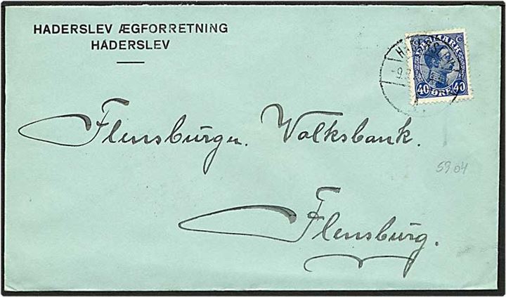 40 øre blå Chr. X på brev fra Haderslev d. 9.9.1925 til Flensborg, Tyskland. Haderslev / 1 Vb brotypestempel.