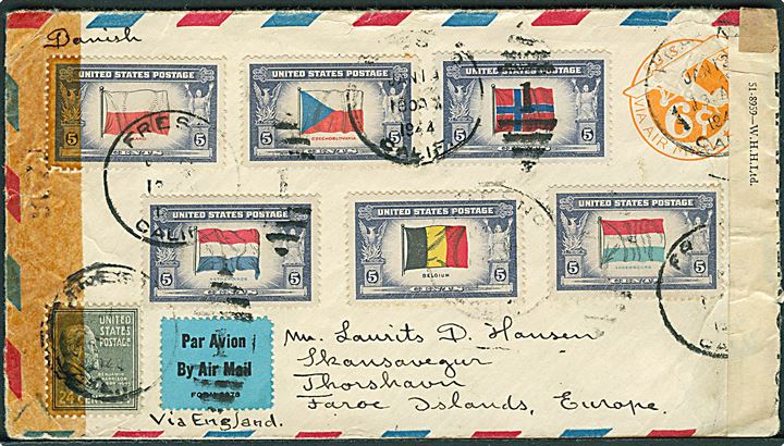 Amerikansk 6 cent luftpost helsagskuvert opfrankeret med 5 cents Flag (6) og 24 cents Harrison fra Fresno d. 14.1.1944 til Thorshavn, Færøerne. Ank. Thorshavn d. 8.3.1944. Åbnet af britisk og amerikansk censur.
