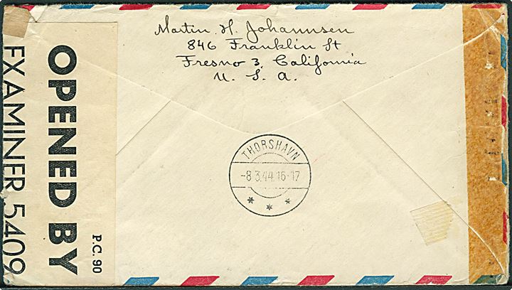Amerikansk 6 cent luftpost helsagskuvert opfrankeret med 5 cents Flag (6) og 24 cents Harrison fra Fresno d. 14.1.1944 til Thorshavn, Færøerne. Ank. Thorshavn d. 8.3.1944. Åbnet af britisk og amerikansk censur.
