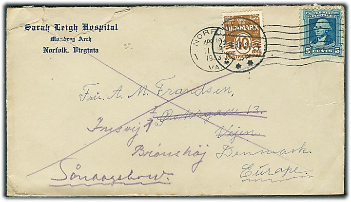 Amerikansk 5 cents Washington på brev fra Norfolk d. 10.4.1933 til Vejen, Danmark. Opfrankeret med 10 øre Bølgelinie og eftersendt som søndagsbrev fra Vejen d. 22.4.1933 til Brønshøj. Usædvanlig forsendelse. Rift.