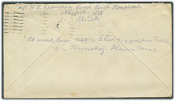Amerikansk 5 cents Washington på brev fra Norfolk d. 10.4.1933 til Vejen, Danmark. Opfrankeret med 10 øre Bølgelinie og eftersendt som søndagsbrev fra Vejen d. 22.4.1933 til Brønshøj. Usædvanlig forsendelse. Rift.