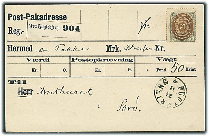 16 øre Tofarvet på fortrykt Post-Pakadresse, fremstillet af C. Ferslew & Co., annulleret med nr.stempel “231” og sidestemplet antiqua Fuglebjerg d. 23.11.188x til Sorø. 