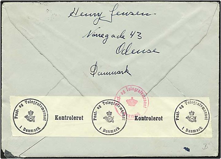 20 øre rød karavel på brev fra Odense d. 26.2.1941 til Göteborg, Sverige. Dansk censur.