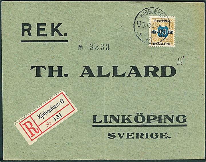 27 øre/10 kr. Provisorium single på anbefalet brev fra Kjøbenhavn d. 13.11.1918 til Lindköping, Sverige. Fold.