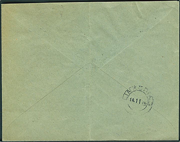 27 øre/10 kr. Provisorium single på anbefalet brev fra Kjøbenhavn d. 13.11.1918 til Lindköping, Sverige. Fold.