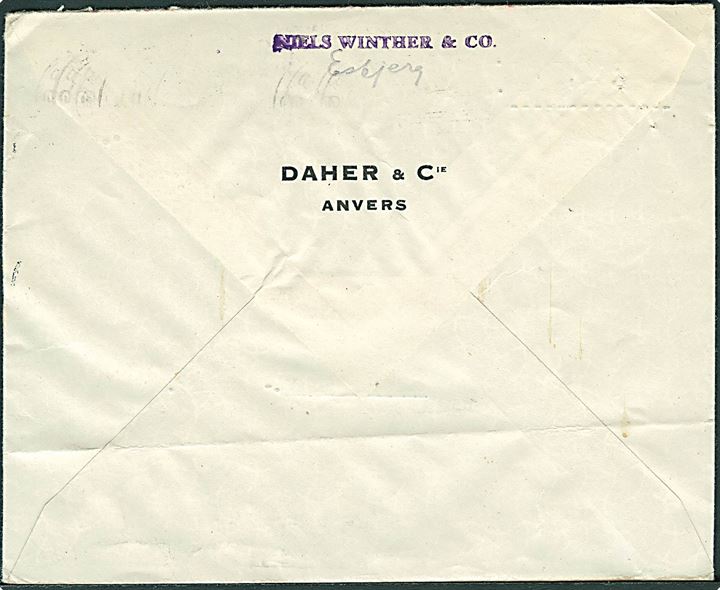 Belgisk 1,35 fr. og 20 øre Thyco Brahe på blandings-frankeret brev med skibspapirer fra Esbjerg d. 13.2.1947 til København.