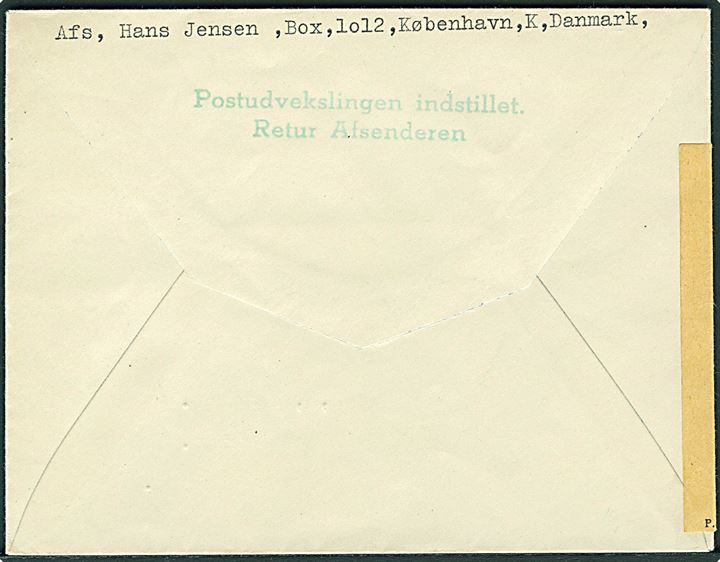 20 øre Ole Rømer på FDC fra København d. 25.9.1944 til Hamina, Finland. Retur via Returpostkontoret med grønt: Postudvekslingen indstillet. Retur Afsenderen. Ingen tegn på censur.