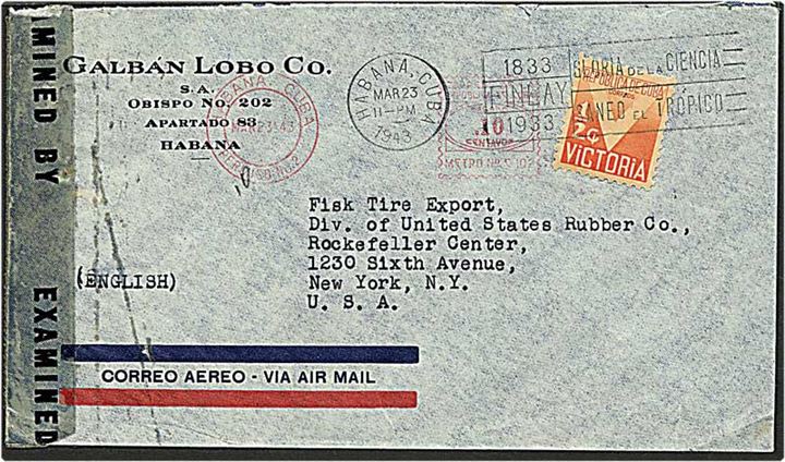 ½ cent orange på luftpost brev fra Havana, Cuba, d. 23.3.1943 til New York, USA. Amerikansk censur.