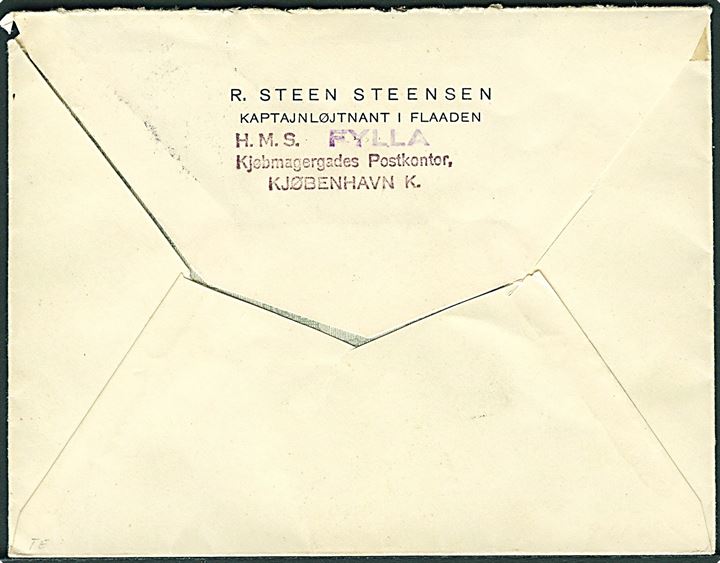 10 aur Landskab i par på fortrykt kuvert fra Kaptajn-løjtnant R. Steen Steensen stemplet Hafnarfjördur d. 27. 3.1931 til København. På bagsiden afs.-stempel: H.M.S. Fylla Kjøbmagergades Postkontor, Kjøbenhavn K. 