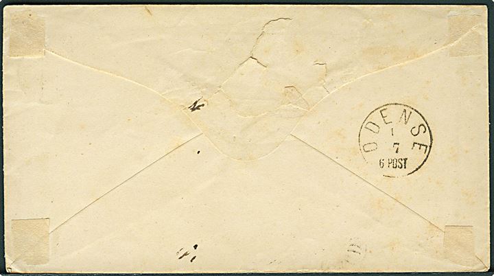 4 sk. Krone/Scepter på landpostbrev, med blækkryds under frimærke, annulleret med nr.stempel “108” og sidestemplet antiqua Skodborghuus d. 1.7. 186x til Odense. Postkontor blev nedlagt i 1874.
