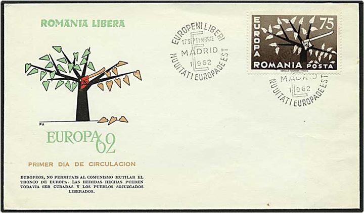 75 lei Europa mærke på brev fra Rumænien d. 17.9.1962.