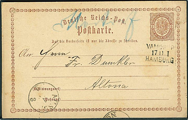 ½ gr. helsagsbrevkort annulleret med bureaustempel Vamdrup - Hamburg d. 17.11.1874 og håndskrevet bynavn “Nortorf” til Altona. 